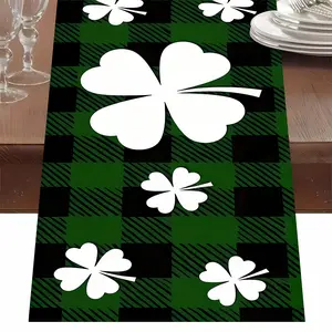 2D flat print, 1 table flag decoration, green and black four leaf clover, romantic print creative table flag, rectangular beautiful table decoration, suitable for holiday dining and parties, household items