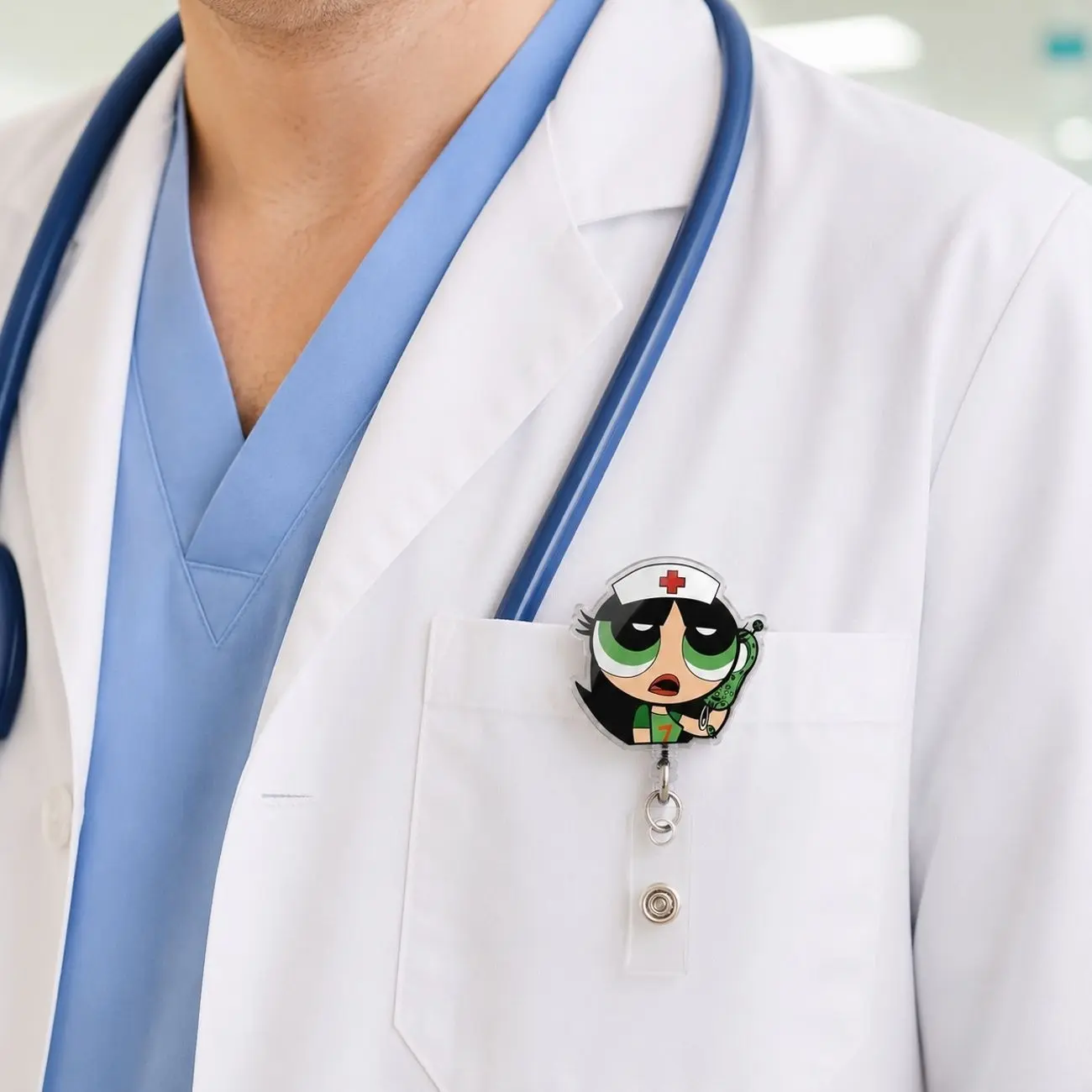 Green Hero Girl Nurse Acrylic Badge Reel – Retractable ID Card Holder Clip for Nurses, Doctors, & Healthcare Staff