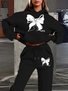 Women's Hooded Sweatshirt Set, Sweatsuits Set, Fall & Winter Warm Clothing, Bow Print, Sweet Cool Style, Casual Sportswear, Sweatsuit Set Outfit