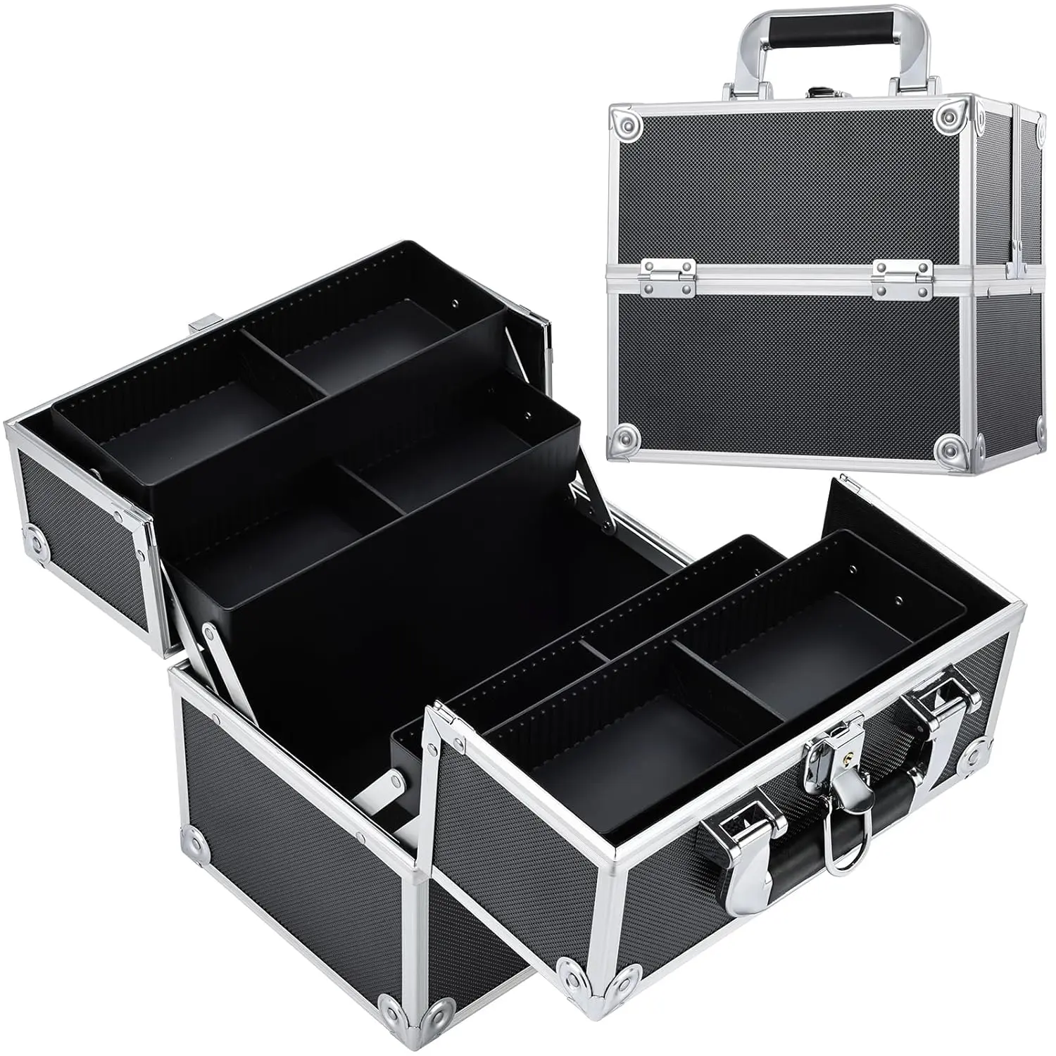 Frenessa Makeup Train Case Cosmetic Organizer Case Professional Makeup Storage Box 4 Trays with Divider Lockable Travel Case Portable Travel Makeup Box for Makeup Artist, Carfter, Cosmetics Black