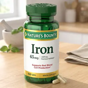 Nature’s Bounty Iron 65mg, 325 mg Ferrous Sulfate, Cellular Energy Support, Promotes Normal Red Blood Cell Production, 1 Serving Per Day, Gluten Free, 100 Vegetarian Tablets