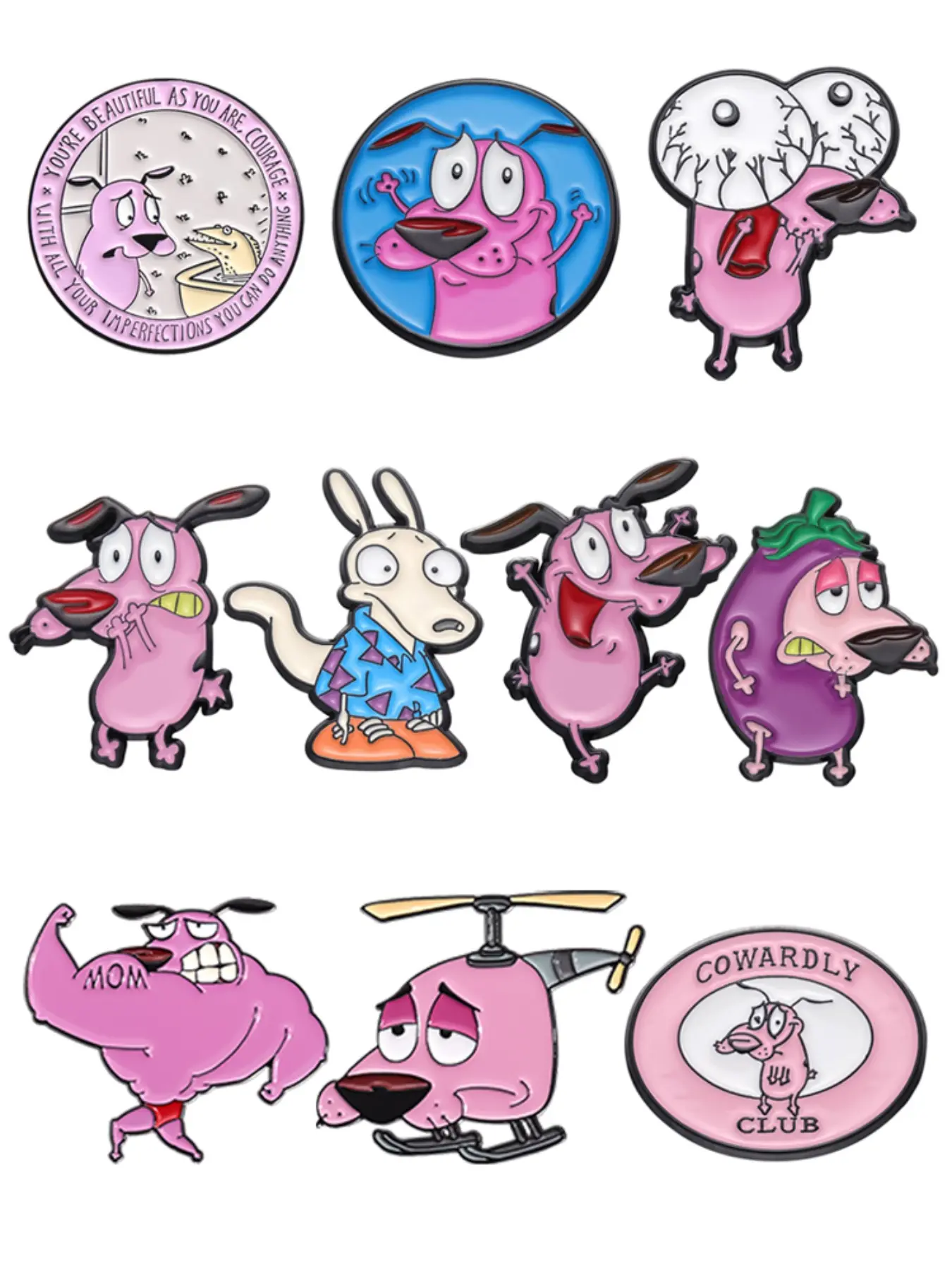 10pcs/set COURAGE The Cowardly Dog Enamel Pins Alloy Brooch Pin Cartoon Pink Big-Eye Dog Cute Animal Metal Brooches Lapel Backpack Badge Fashion Jewelry Accessories Gifts for Friends Durable Metal Pins Brooch Clip
