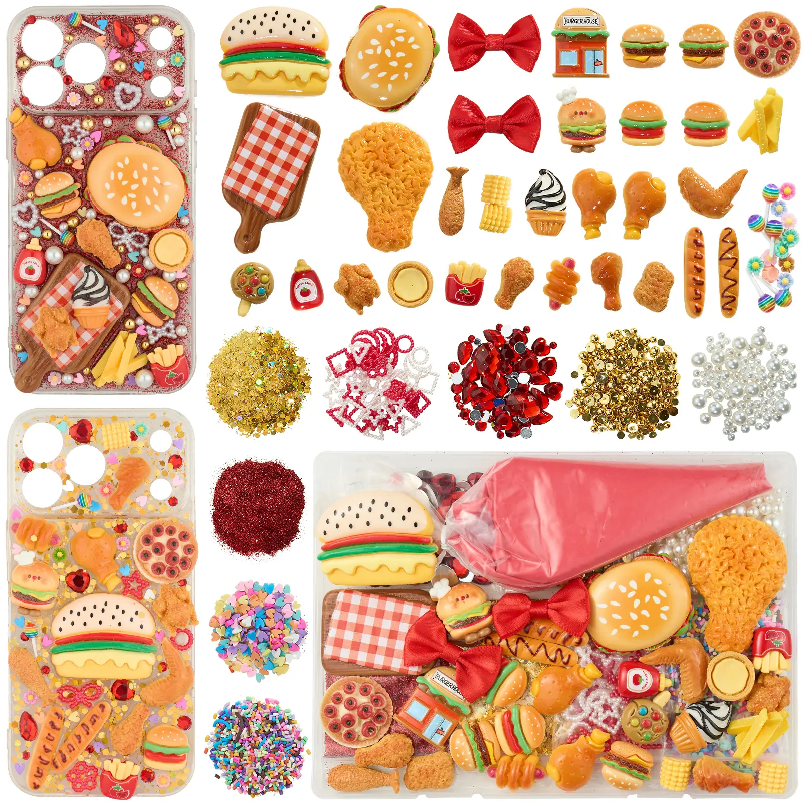 DoDoBeads Fake Food Phone Case Charms Kit for Teens, Mini Dessert Decoden Cream Glue Craft Set with Cute Food Charms, Pearls, Sprinkles and Accessories for Custom Cell Phone Case Making