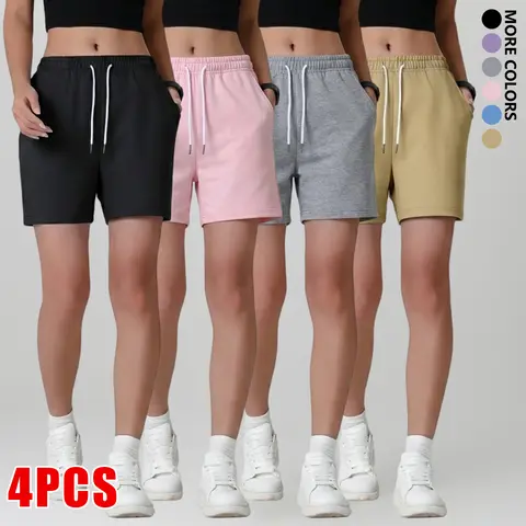 Women's 4-Pack Basic Loose Athletic Active Shorts - Polyester High-Stretch Soft Lightweight Solid Color Bottoms with Drawcord, Ideal for Yoga, Home Wear