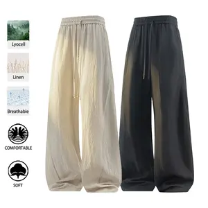 Summer lightweight Lyocell linen pants—men’s casual, versatile straight-leg trousers with a loose fit, breathable fabric, slight stretch, and a drapey feel; drawstring waist; suitable for everyday wear and outdoor travel/vacation.