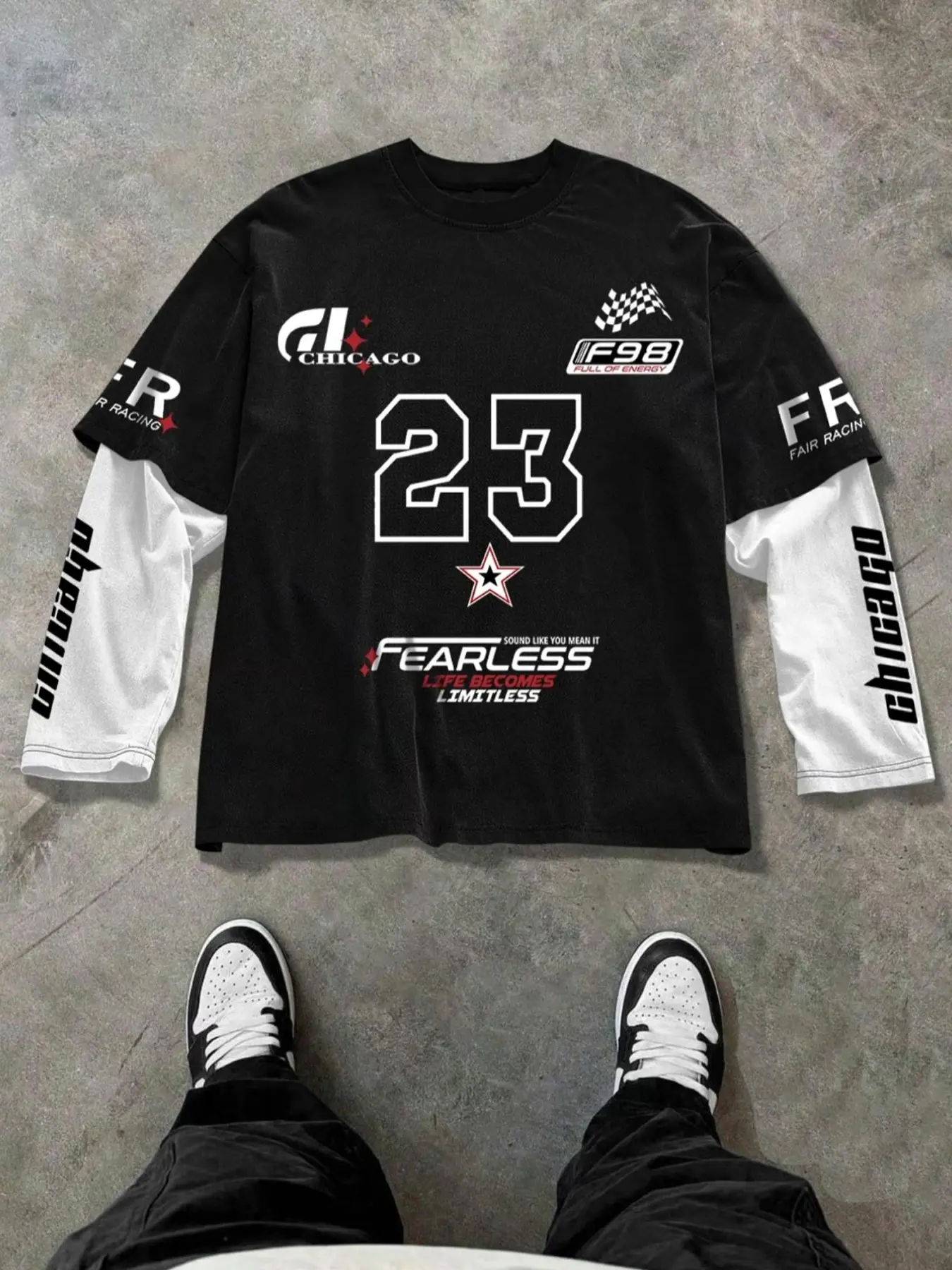 Racing Style Two-Piece Long Sleeve T-Shirt, Speed & Competition Graphics Design, Perfect for Car Enthusiasts, Streetwear, Events, Casual