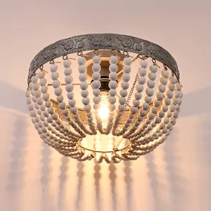 2024 Rustic Wood Beaded Chandelier Ceiling Light - Sleek Flush Mount Design, Elegant White Finishing, Unique Wooden Beaded Accents - Perfect for Cozy Bedrooms, Ideal for Whimsical Nursery Rooms, Delightful for Little Girls Rooms, Suites Dining Room Decor