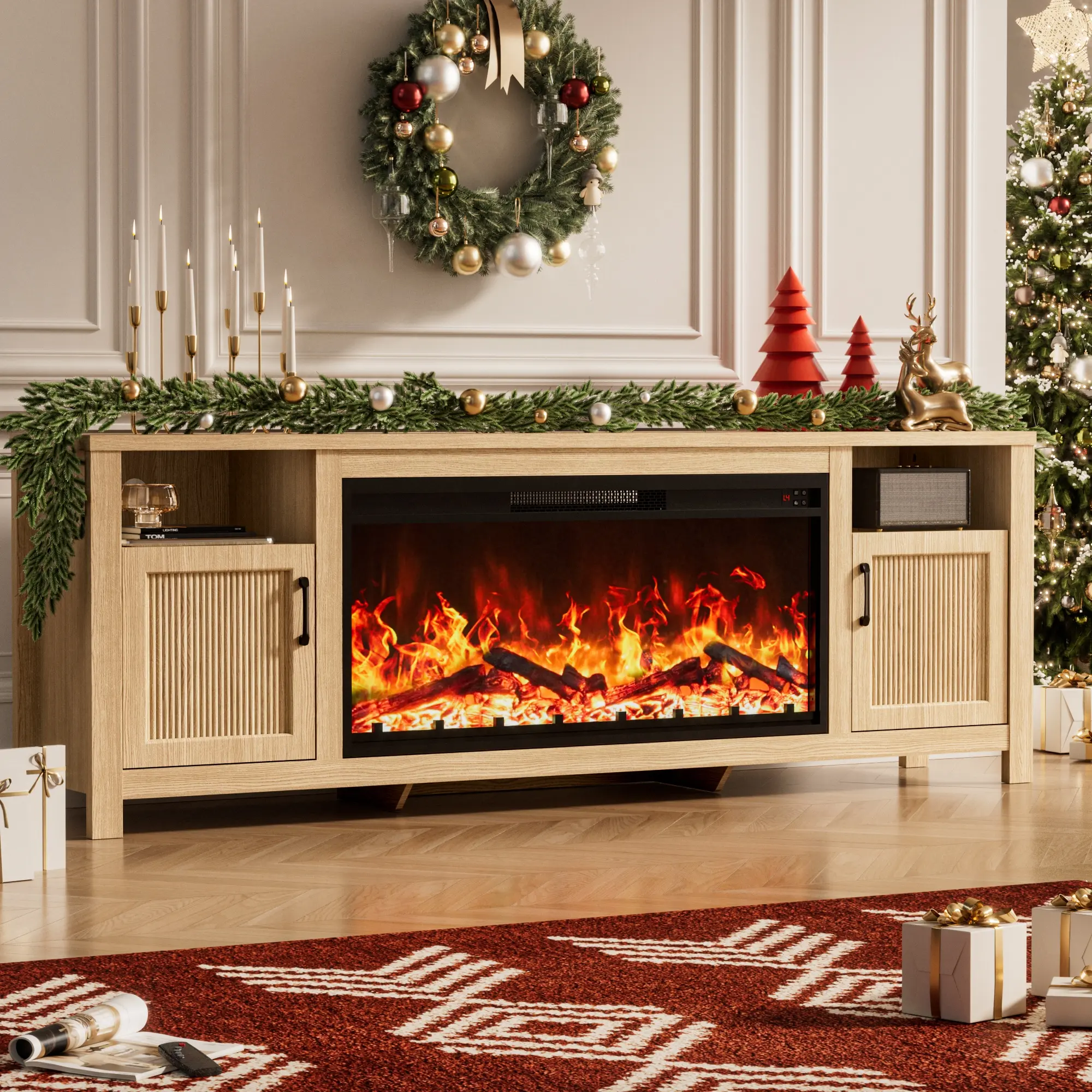 Farmhouse Tv Stand with 38" Electric Fireplace - Fits Tvs Up to 70+ Inches, Entertainment Center Media Console Fireplace Mantel with Storage Cabinets for Living Room & Bedroom