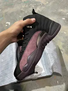 Black Suede High-Top Sneakers with Burgundy Textured Rubber Outsole and Matching Metal Buckles