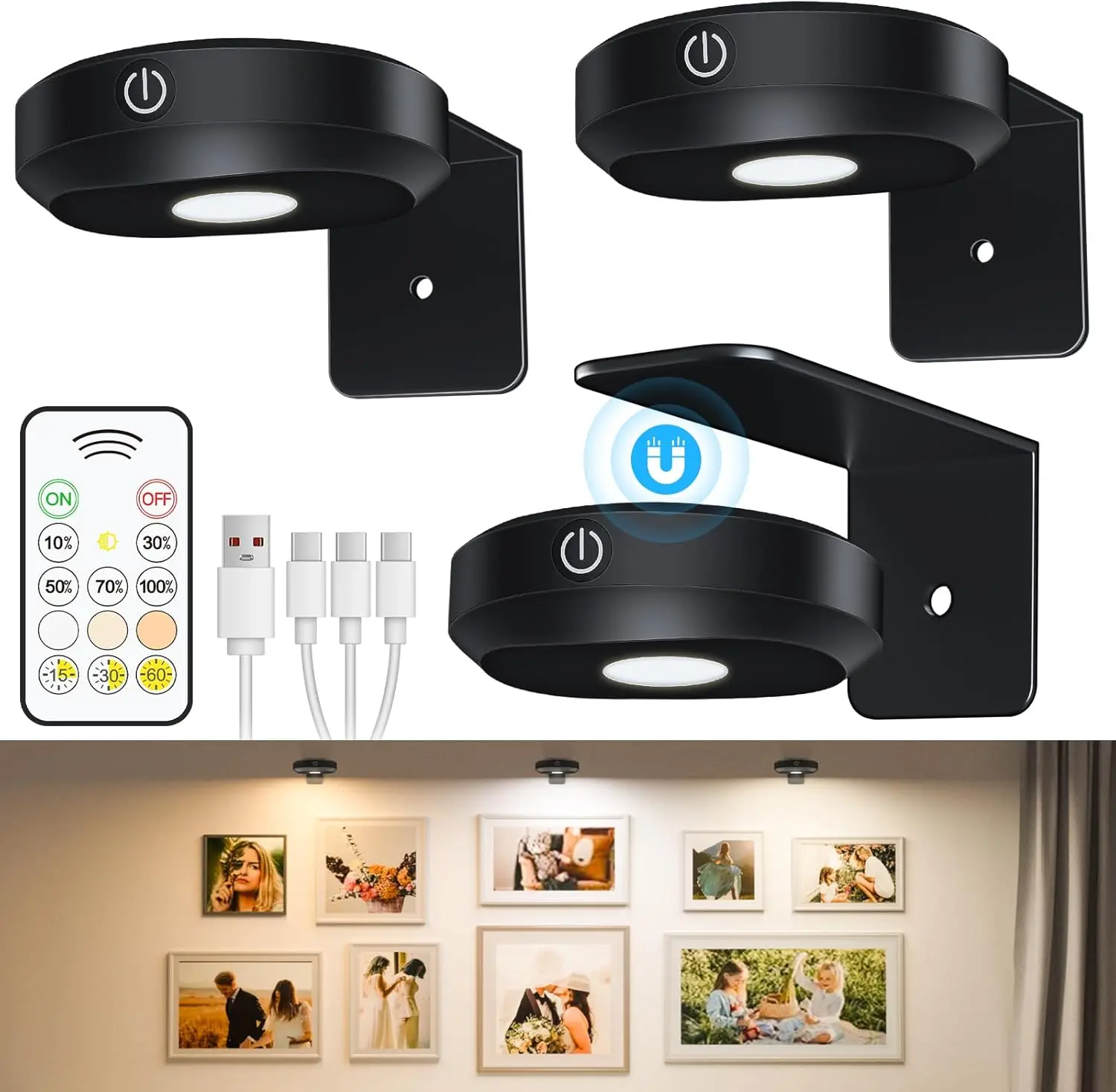 Picture Lights for Wall Rechargeable,Wireless Battery Operated Art Lighting for Paintings,Puck Lights with Remote,Picture Frame Lights,Dimmable & TimerWireless,Magnetic Gallery Light