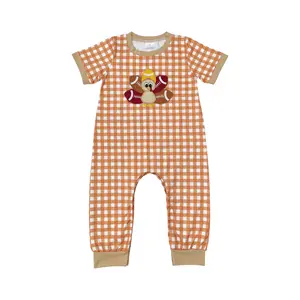 SR1887--baby clothes Embroidered Turkey khaki checkered short-sleeved onesie