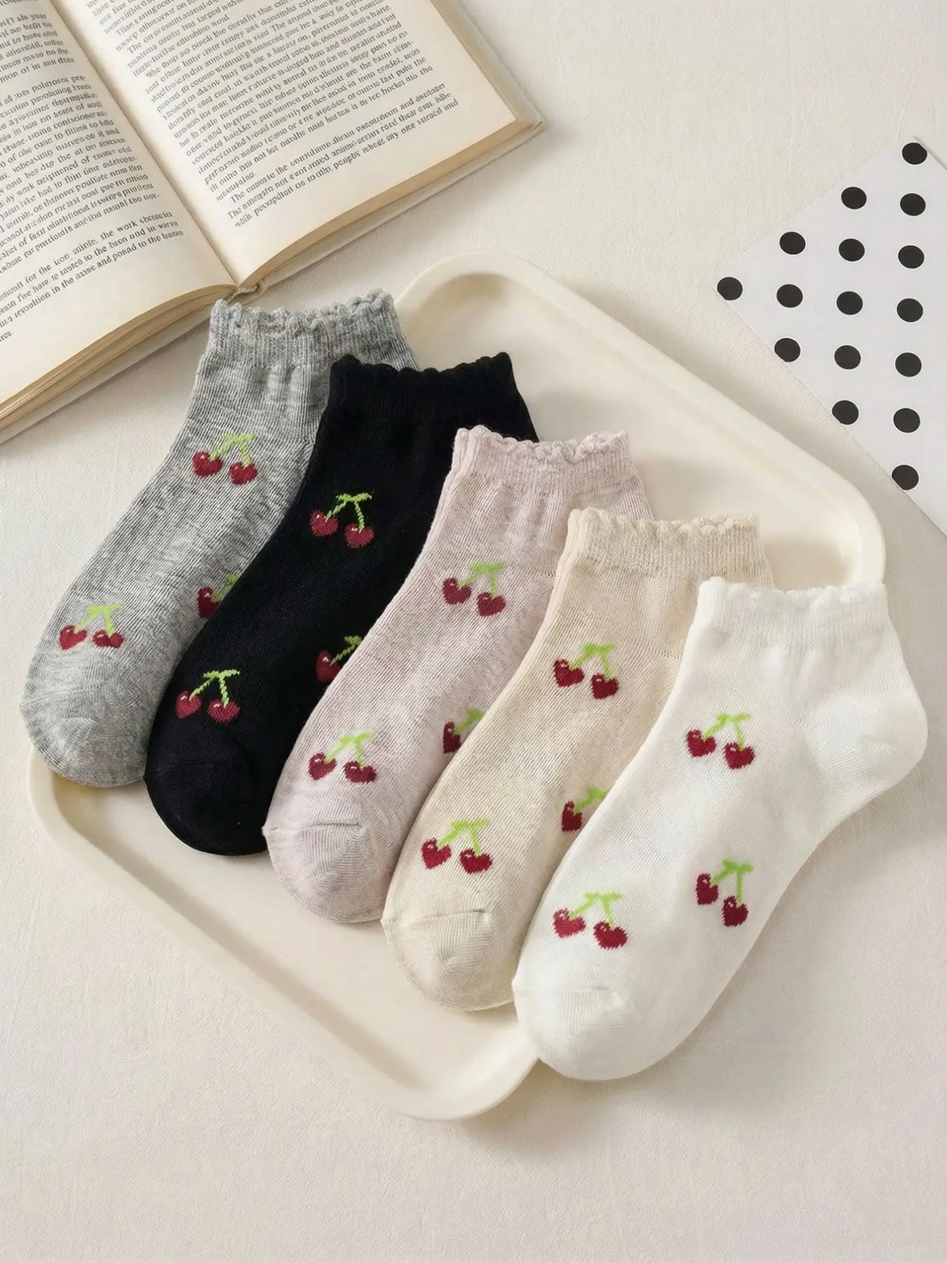 5 Pairs Women's Cute Cartoon Cherry Bubble Toe Short Knitted Sock Set, Soft Comfortable Breathable Casual All-Season Student Socks for Daily Wear