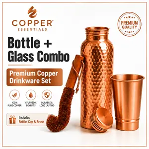 Pure Copper Water Bottle & Glass Cup Combo Set - 32oz Bottle, 400ml Tumbler, Leak-Proof Lid, Cleaning Brush - Premium Kitchenware Drinkware for Home, Travel