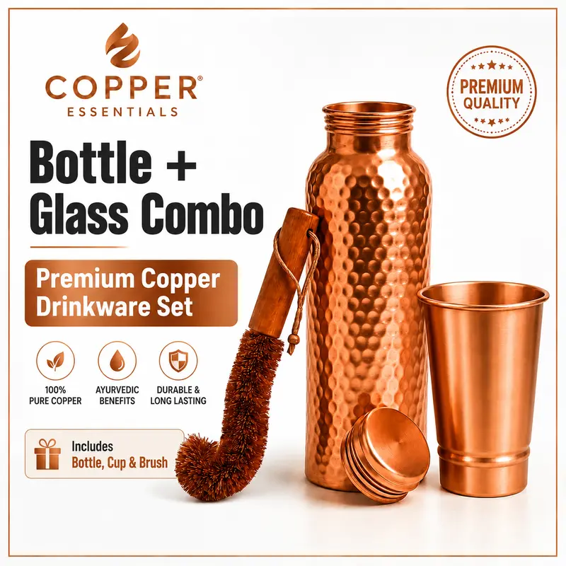 Pure Copper Water Bottle & Cup Combo Set - 32oz Bottle, 400ml Tumbler, Leak-Proof Lid, Cleaning Brush - Premium Kitchenware Drinkware for Home, Travel