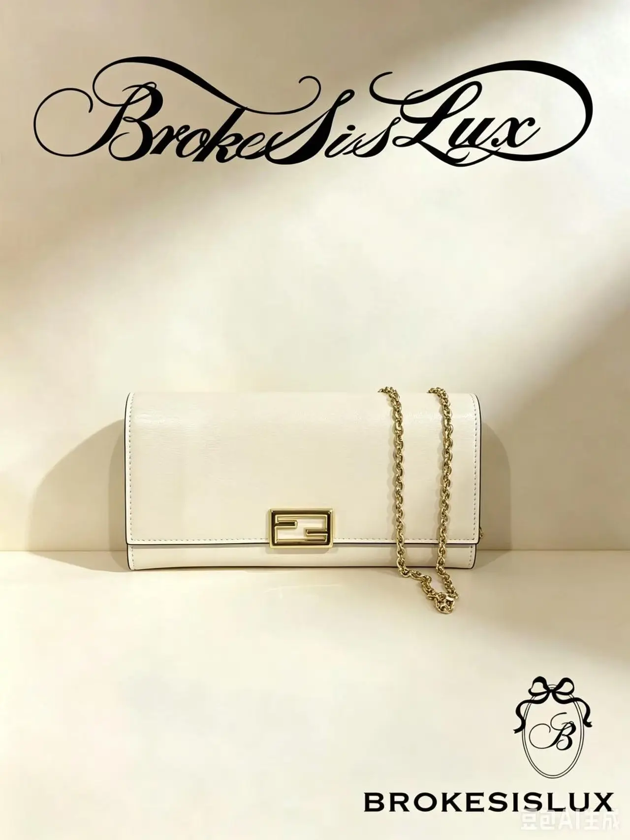 Pre-owned FENDI Cream Leather FF Bifold Wallet On Chain | Gold FF Logo, Convertible Crossbody Purse