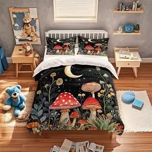 3-Piece Mushroom Decorative Bedding Set (1 Fitted Sheet + 2 Pillowcases), Soft Comfortable Bedroom Linen, Ideal for Dorms & Guest Rooms