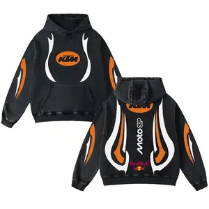 Retro Thunder KTM Red Racing Washed Hoodie MotorGP World Champion Enthusiast Apparel Streetwear Racing Team Super Motorsports Clothing Motobike Riders Supermotor Off-Road Dirt Bike Fan Gear Cotton For Motor Fan