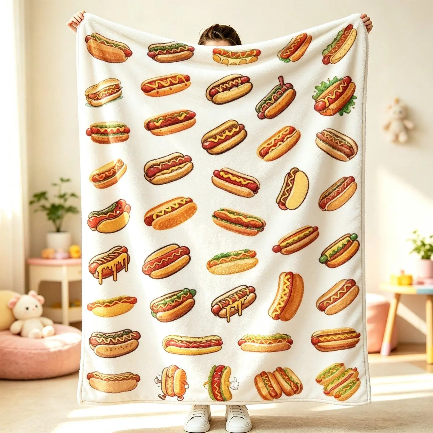 Cartoon Hot Dog Full Print Flannel Throw Blanket Cute Sausage Hotdog Pattern Soft Cozy Lightweight Blanket Warm Comfortable Blanket For Sofa Bed Couch Bedroom Home Decor Unique Food Lovers Gift