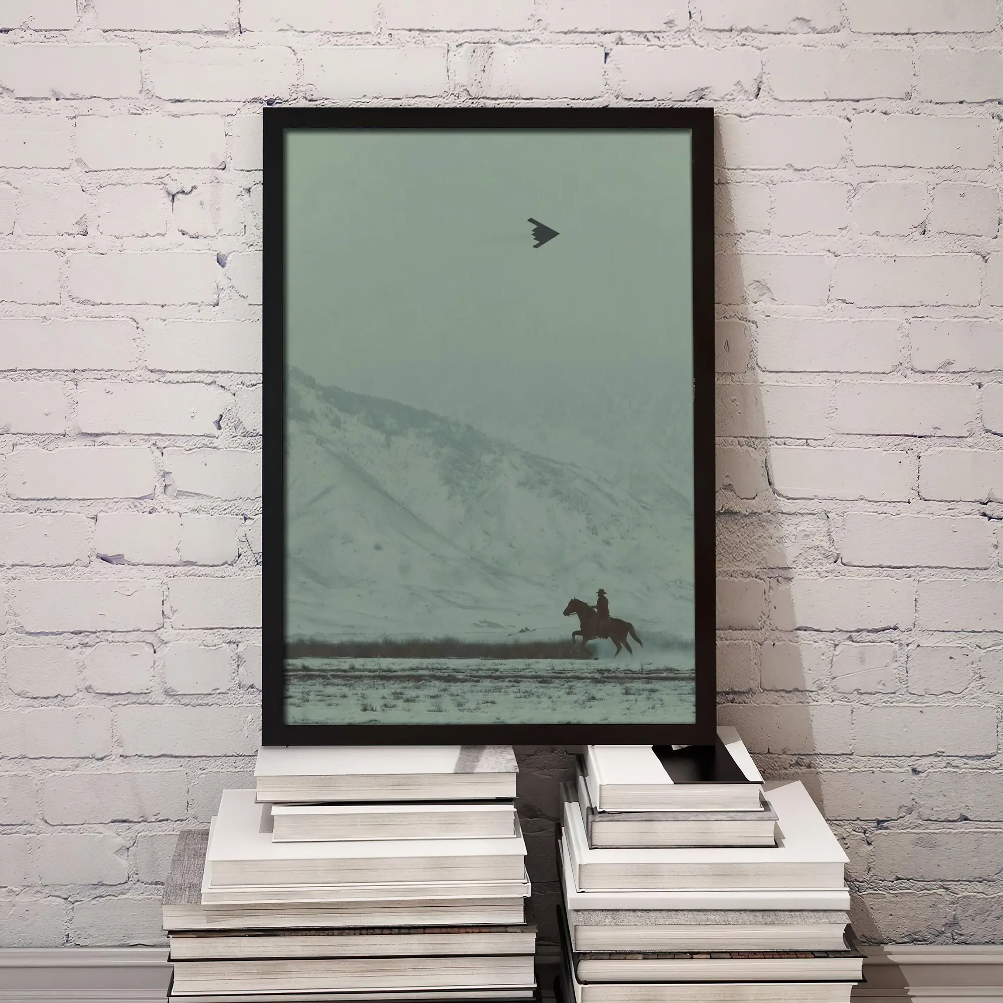 Artistic Cowboy on Horse & B2 Spirit Graphic Print - Unframed Satin-Matte Paper Wall Poster, Multi-Size 11x17-18x24, American Western Mountain Home Decor, Made in USA Vintage Gift for Men