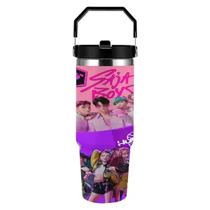K-POP Dual Group 30oz Insulated Tumbler with Handle Car Cup Fan Essential Double-Walled Stainless Steel Leakproof Lid & Reusable Straw