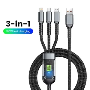 3-In-1 Fast Charger Type-C USB-A iOS Android Devices, Multi Charger Cable, 100w Power Adapter with LED Indicator Light, Durable Design for Daily Use, Multifunctional Charger