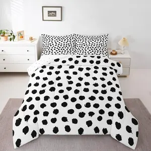 Brush Stroke Polka Dots Duvet Quilt,Boho Bedding Set for Teens,Farmhouse Black White Comforter,All Season Comforter Set