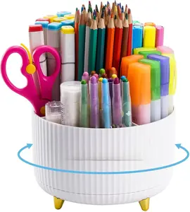 Desk Organizer, 360-Degree Rotating Pen Holder, Desk Organizers and Accessories with 5 Compartments Pencil Holder, Art Supply Storage Box Caddy for Office, Home（White）