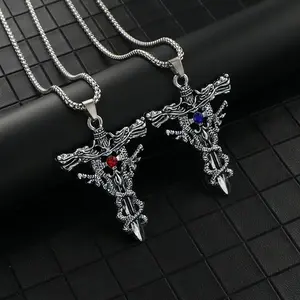 Cross Necklace for Men, Double Dragon Sword Pendant, Men's Unique Accessories, Vintage Fashion Accessories