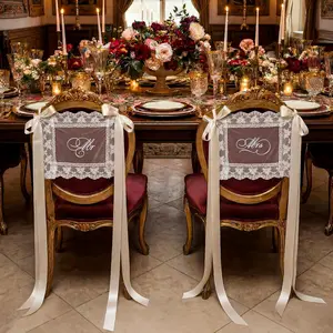 2 Pcs Lace Mr & Mrs/ just married Wedding Chair Signs Sweetheart Table Chairs Back Banners Covers Decorations with Ribbon for Bride and Groom, Mr & Mrs Ceremony Reception