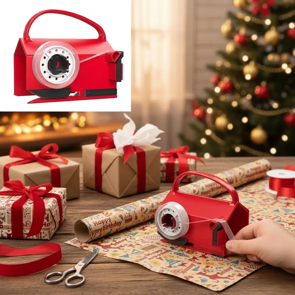 2-in-1 Wrapping Paper Cutter & Tape Dispenser - Sliding Gift Wrap Roll Cutter Tool with 4 Tapes & Replacement Blades - Safe & Precise Cutting for Christmas, Birthday, Crafts & Office