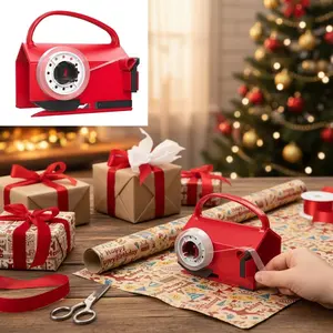2-in-1 Wrapping Paper Cutter & Tape Dispenser - Sliding Gift Wrap Roll Cutter Tool with 4 Tapes & Replacement Blades - Safe & Precise Cutting for Christmas, Birthday, Crafts & Office