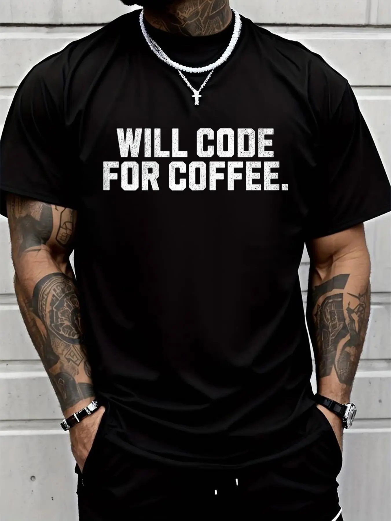 100% cotton Will code for coffee - Funny quote meme computer engineer T-Shirt Men Graphic T-Shirt Cotton Print short Sleeve Casual Top, Summer Tee Mens Tops