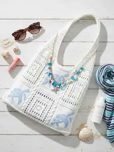 Women's Summer Beach Handbag, Crochet Design, Turtle Pattern, Starfish Shell Charm, Large Capacity Open Top Bag, Boho Style