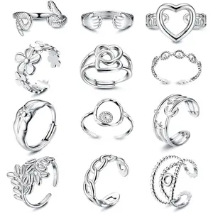MILACOLATO 12Pcs Stainless Steel Rings Silver Aesthetic Jewelry Rings Adjustable Open Stackable Rings for Women Trendy Knuckle Thumb Finger Rings Size 6-9 Indie Rings Daily