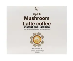 Organic Mushroom Latte Coffee Instant & Arabica with Reishi Extract Creamy Flavor 11.3 oz 16 Sticks