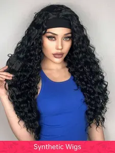 Headband Wigs For Women Synthetic, Curly Headband Wig 26 Inch Wavy Wigs With Headbands Attached Glueless Half Head Band Wig Heat Friendly Machine Made Headband Wigs Curly Hair Wigs