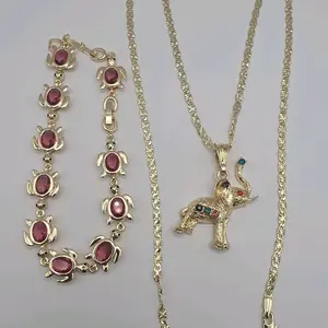 Elephant necklace turtle bracelet set  gold plated 24"inches