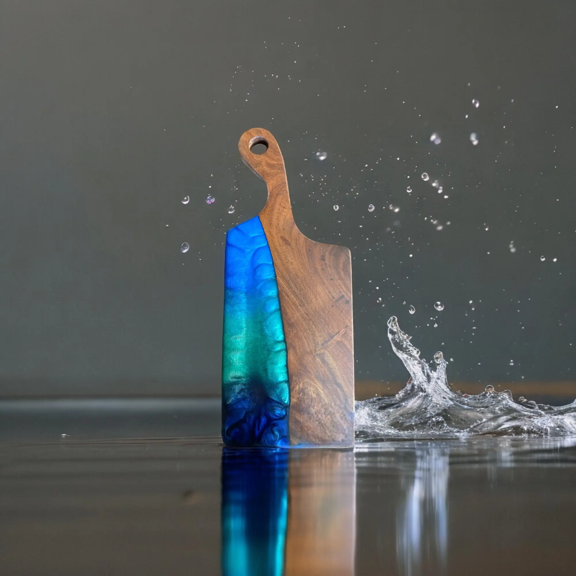 The Crafted Edge cutting board hand crafted with resin and live edge wood coastal colors wall art serving board charcuterie