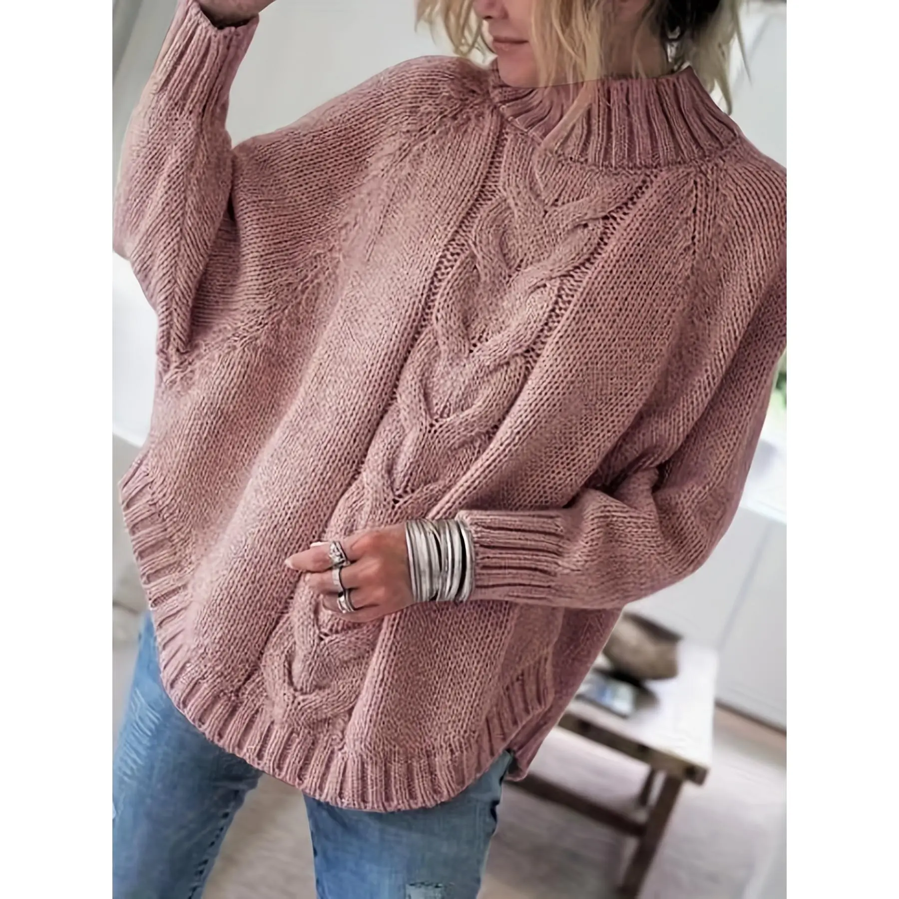 Women's Casual Vintage High Neck Knit Sweater - Polyester Fabric, Long-Sleeve Ribbed Loose-Fit Pullover, Solid-Color Flared Hem Clothes for Fall