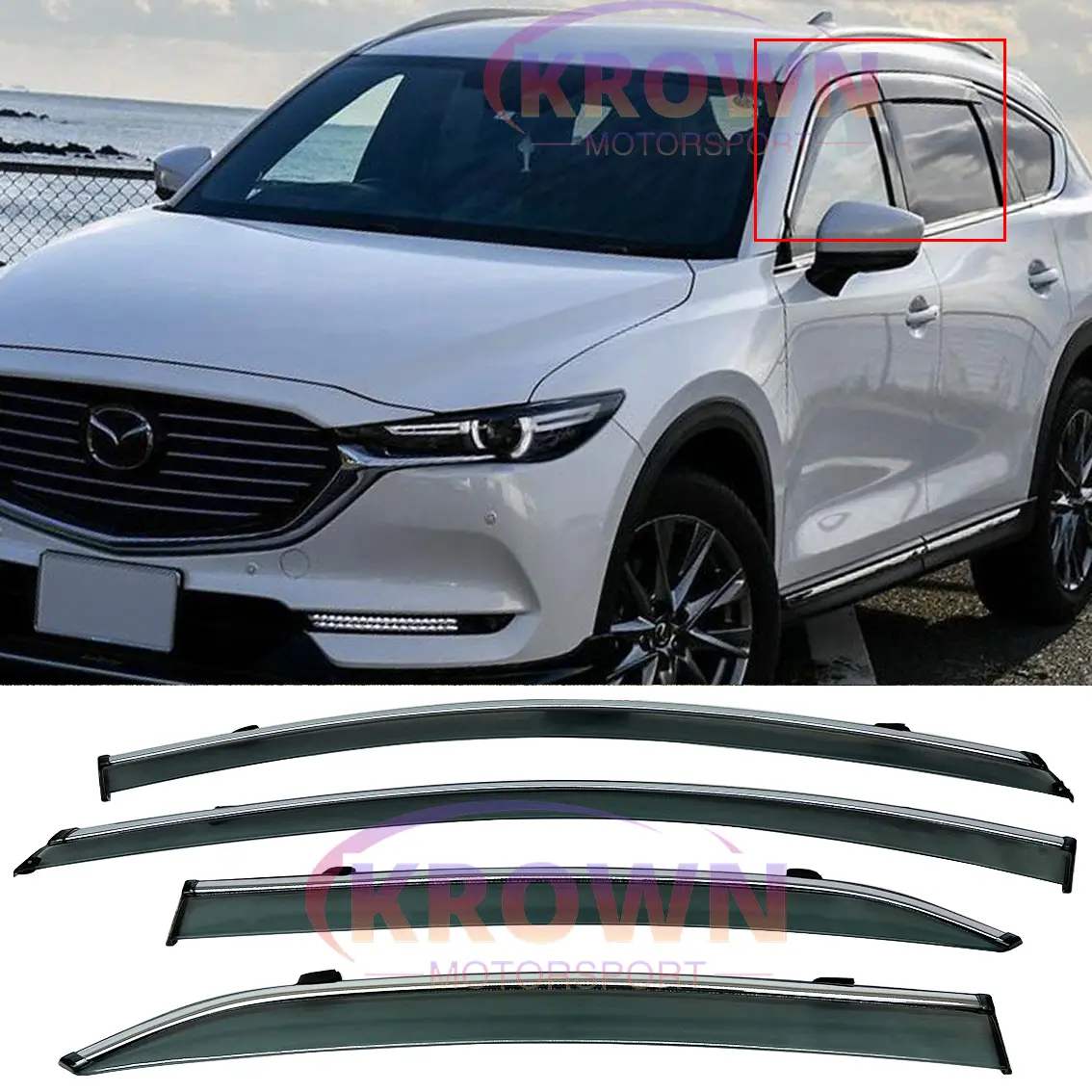 FOR 2017-2025 MAZDA CX5 CX-5 TINTED CLIP-ON WINDOW VISOR W/ CHROME TRIM RAIN GUARD