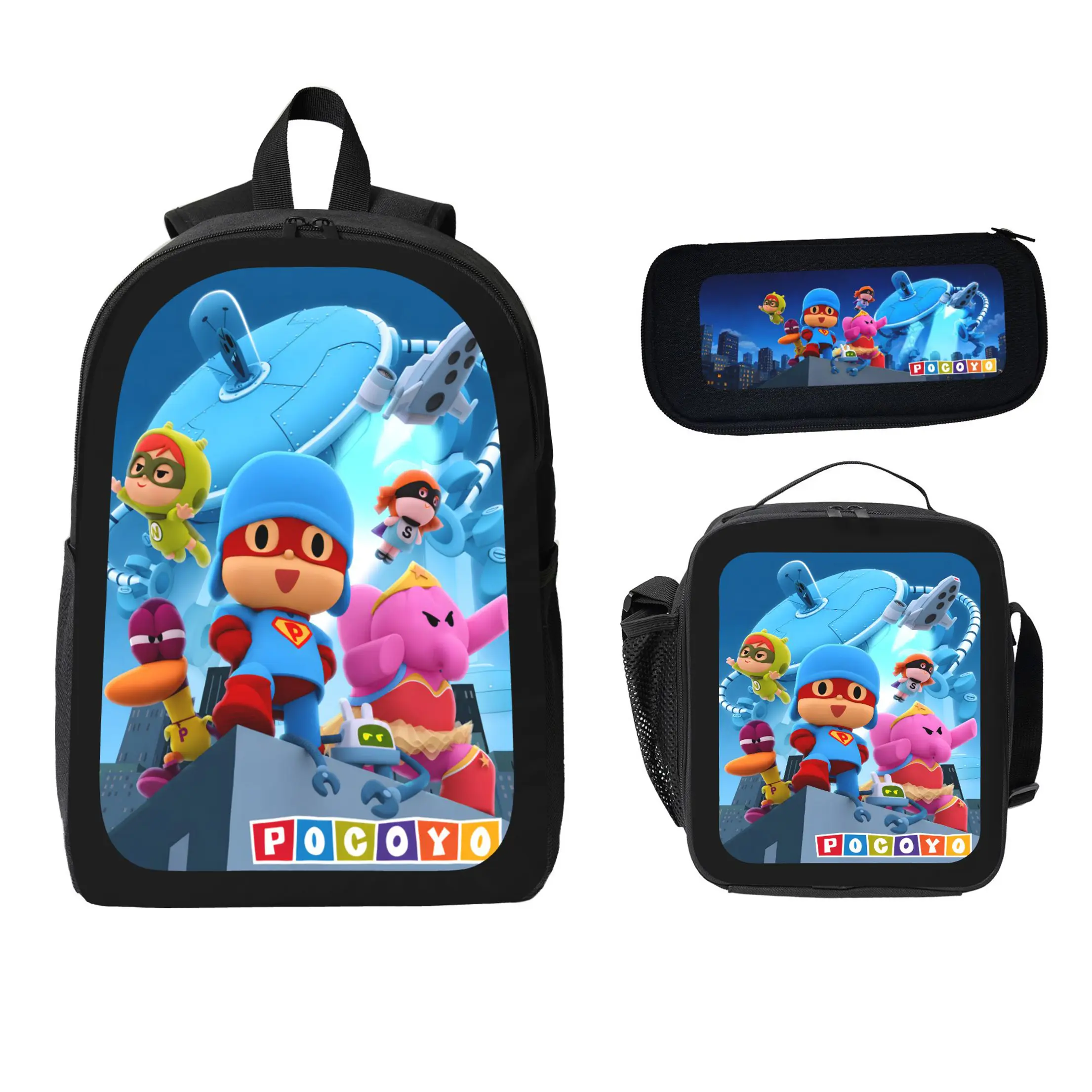 POCOYO Backpack Set 3Pcs Kids School Bag Lunch Bag Pencil Case Cartoon Character Print Backpack Lightweight Travel Bookbag Back To School Gift For Boys Girls Students Cute Daypacks Childrens Bag