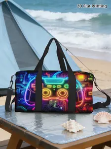 (2D Flat Printing) 1pc Neon Gaming Controller Travel bag Top Handle, Outdoor Luggage Storage Bag, Machine Washable Sports Bag, Sports Duffel Bag, Perfect for Gym and Sports, Women's Yoga Travel Bag, Stylish Design, Lightweight Travel Bags