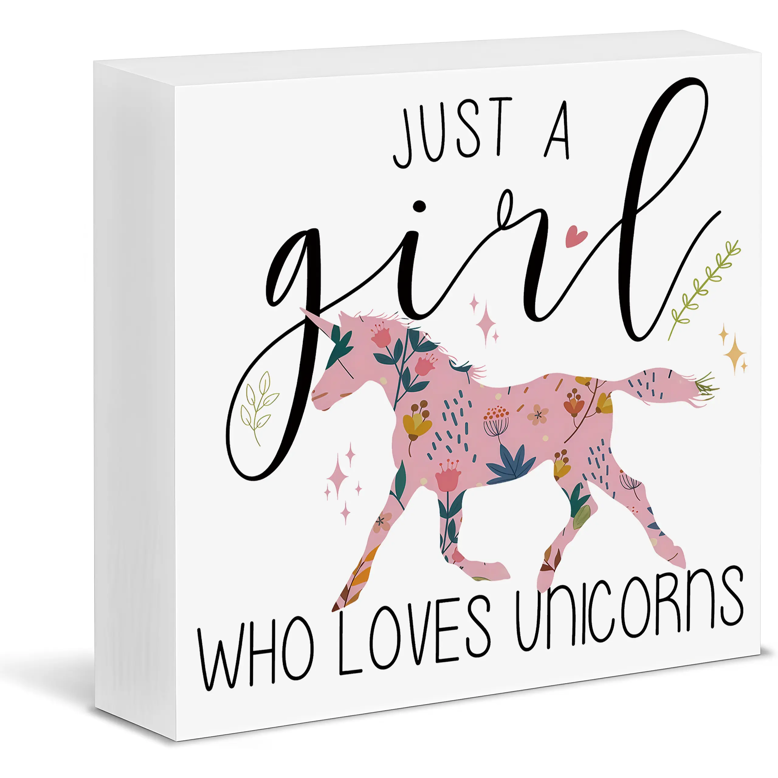 Just A Girl Who Loves Unicorns Wooden Box Sign, Floral Unicorn Decor Block Sign, Magical Themed Tabletop Bedroom Decor, Birthday Christmas Holiday Gift for Unicorn Lovers