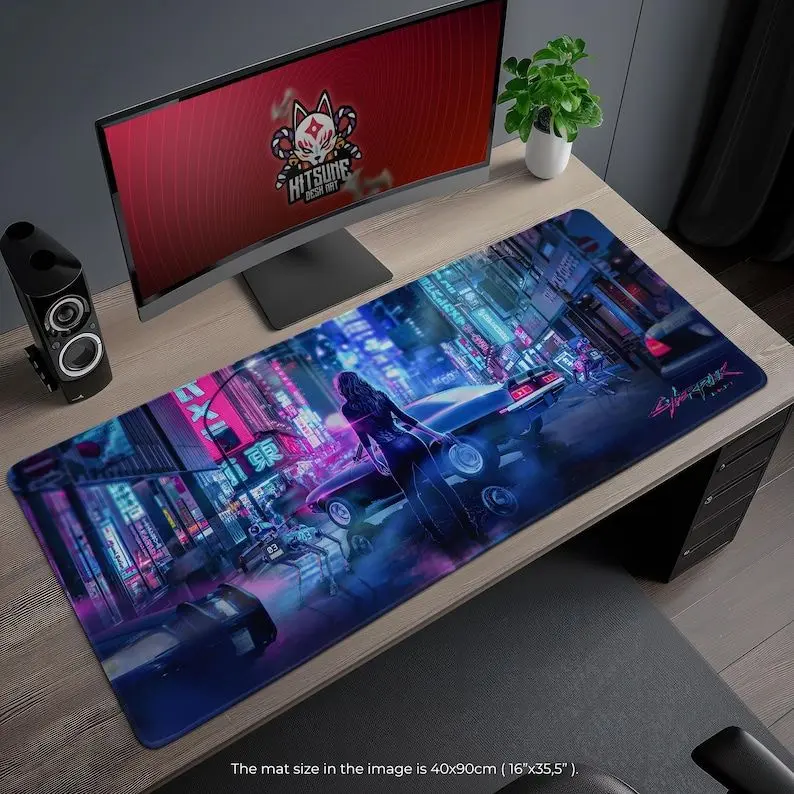 Cyberpunk Night City Gaming Mouse Pad - Futuristic Neon Desk Mat, Large Gamer Desk Pad, Gift for Cyberpunk 2077 Fans