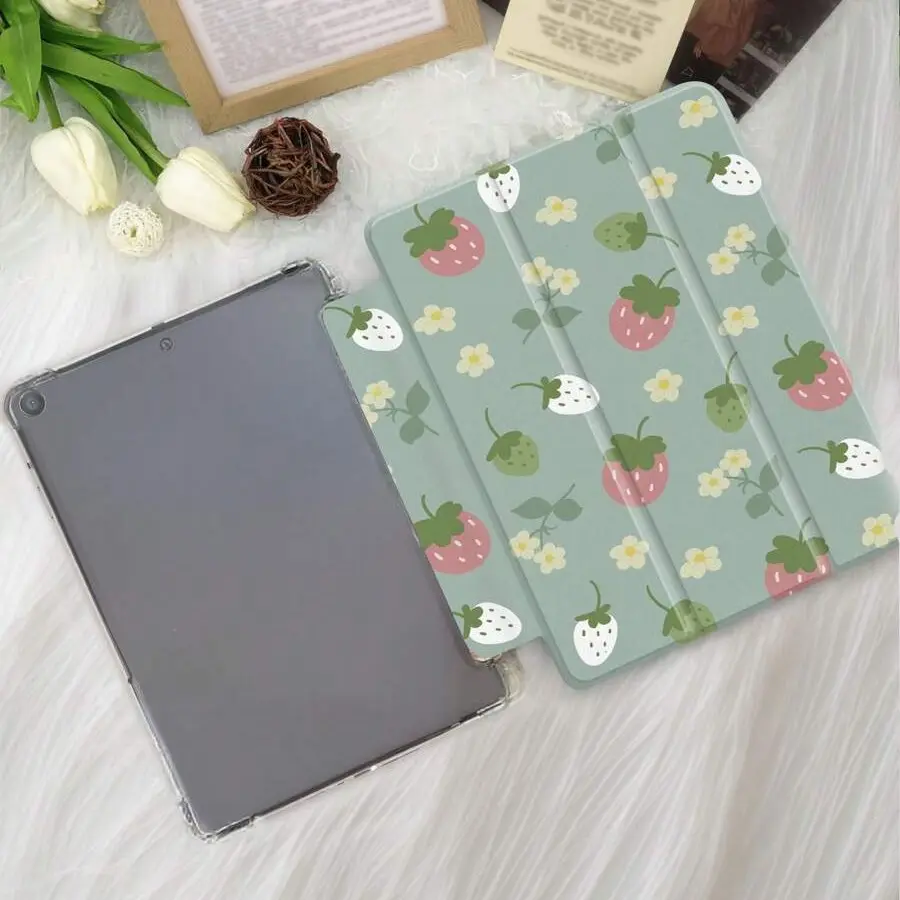 Cute Strawberry Floral Tablet Case, Compatible with iPad 10th Gen, iPad 9/8/7 (10.2"), iPad Air 5/4 (10.9"), iPad Pro 11", Soft Tpu Frame