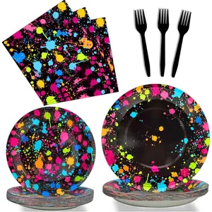 Neon party supplies suitable for 24 guests, including neon plate and napkin tableware sets, glowing disposable paper tableware, colorful graffiti birthday party decoration gifts, suitable for birthday parties, baby shower celebrations, 96 pieces in total