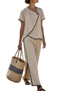 Trendy Women's Minimalist Fashion, Casual Set for Warm Weather, Trim Split Leg Pants, Comfortable Fit, Ideal for Travel