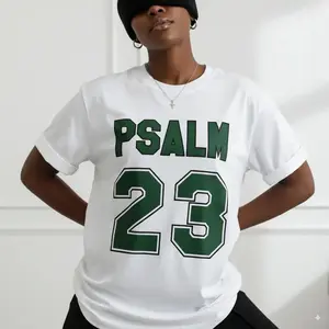 FEEGO Women's Psalm 23 Jersey Premium T-Shirt - Casual short sleeve crew neck t-shirt with bold green lettering, soft and breathable fabric, perfect for holiday parties and gift giving
