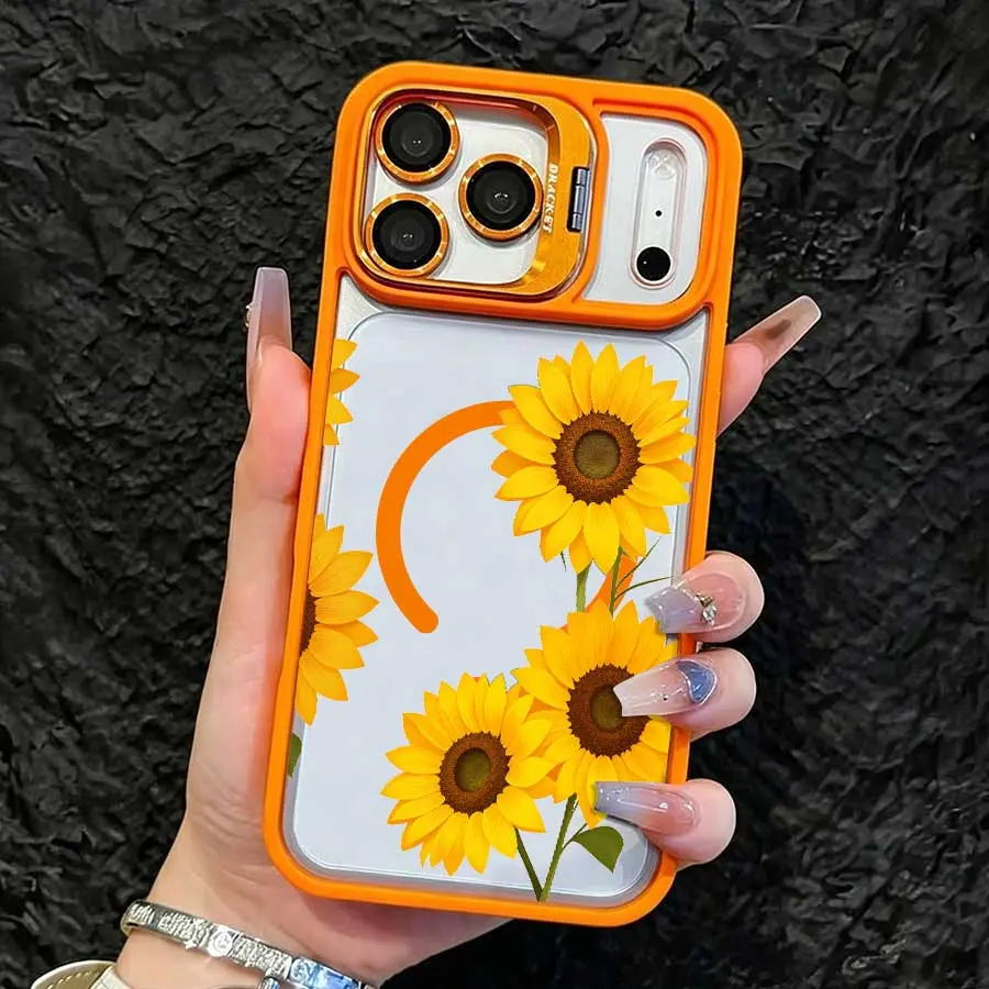 Fresh Sunflower Half Orange Line Print Clear Magnetic Lens Frame Bracket Phone Case, Trendy Wear Resistant Versatile Profile,Compatible With For Iphone17 Pro Max, 16, 15, 14 And 13. It Makes A Perfect Gift For Birthdays, Holidays,