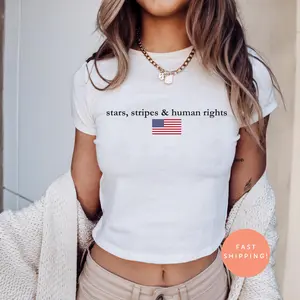 [ Sale Up To 40%] Stars Stripes & Human Rights Baby Tee, Feminist 4th of July Baby Tee , USA Y2K Patriotic , Comfort Colors Protest Tee